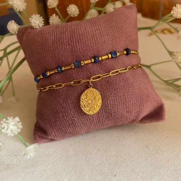 Double layer stackable semi precious stone anti-tarnish bracelet